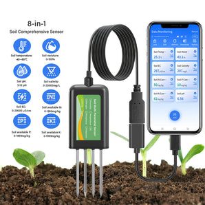 Tilswall 8-in-1 NPK Bodentester – Multisensor-Bodenanalyse (pH-Wert, NPK und Umweltparameter) kompatibel mit Android & HarmonyOS (iOS nicht enthalten)